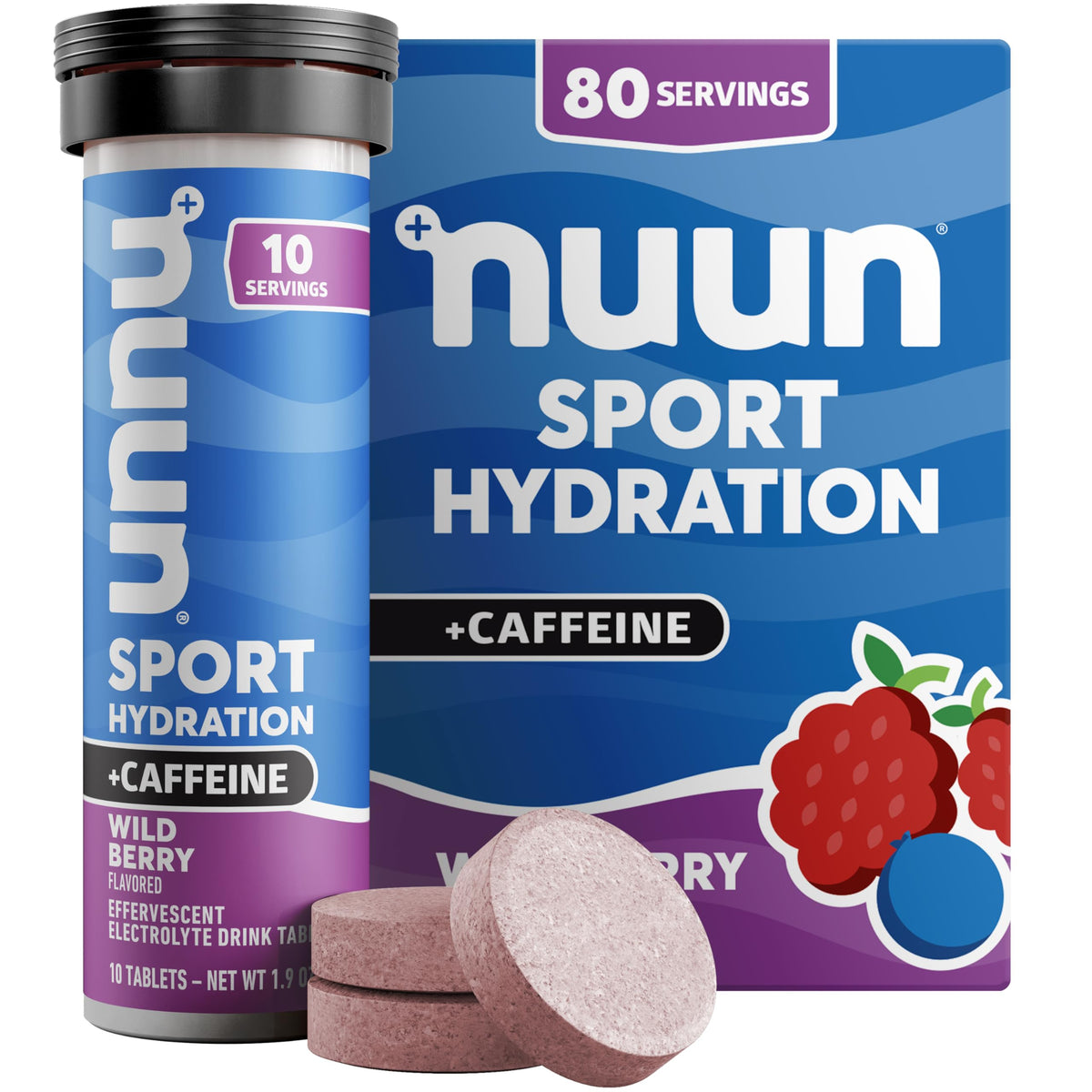 Nuun tubo frontal Wild Berry mostrando el envase y fácil transporte