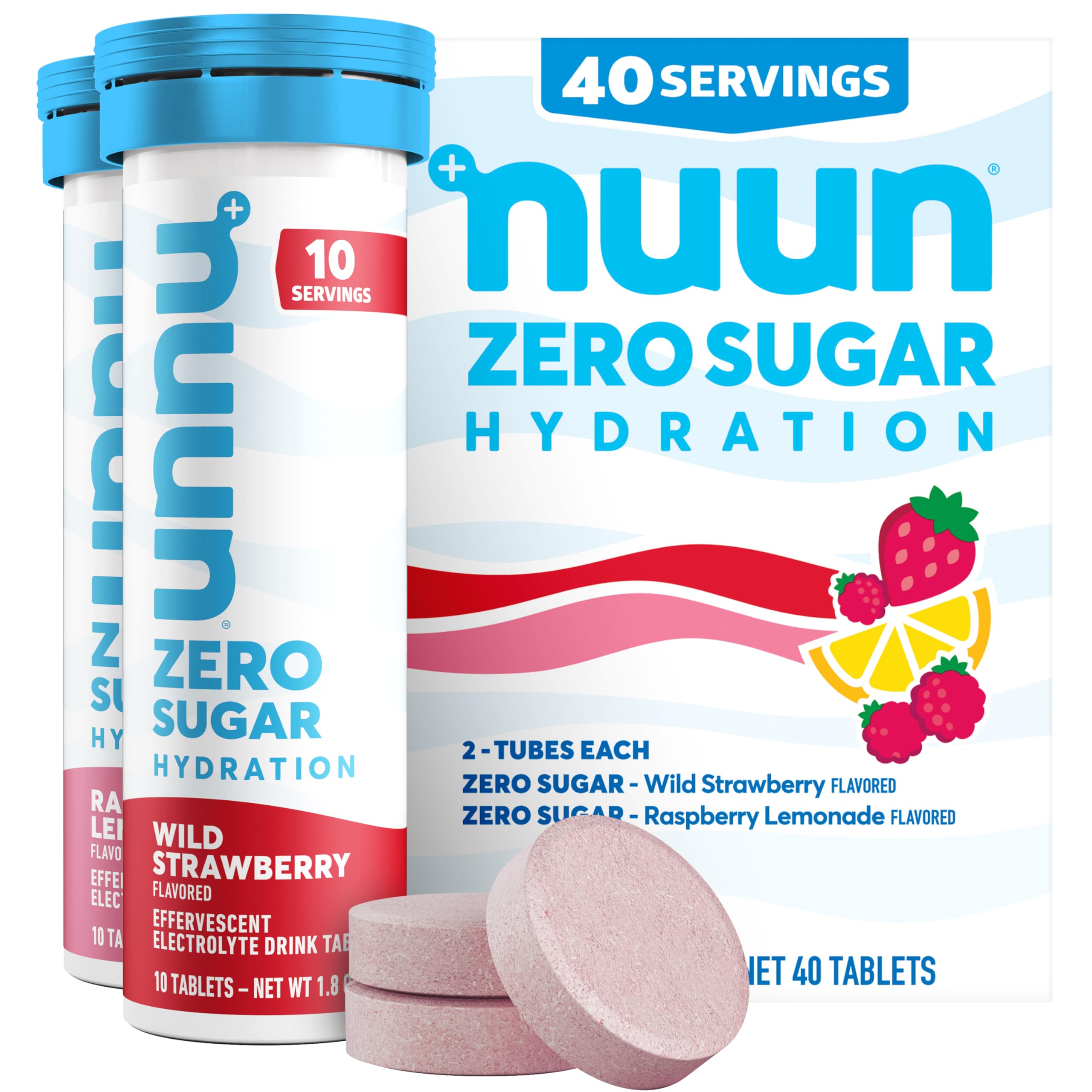 Nuun Zero Sugar presentación frontal mostrando tubos y sabores, práctico para llevar