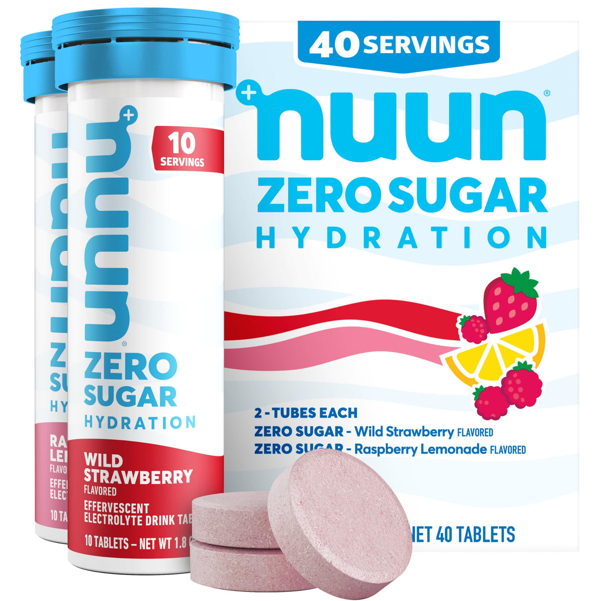 Nuun Zero Sugar presentación frontal mostrando tubos y sabores, práctico para llevar