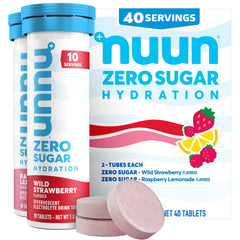 Nuun Zero Sugar presentación frontal mostrando tubos y sabores, práctico para llevar