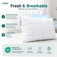 Nuzzle on bed demonstrating side sleeper support and shoulder fill