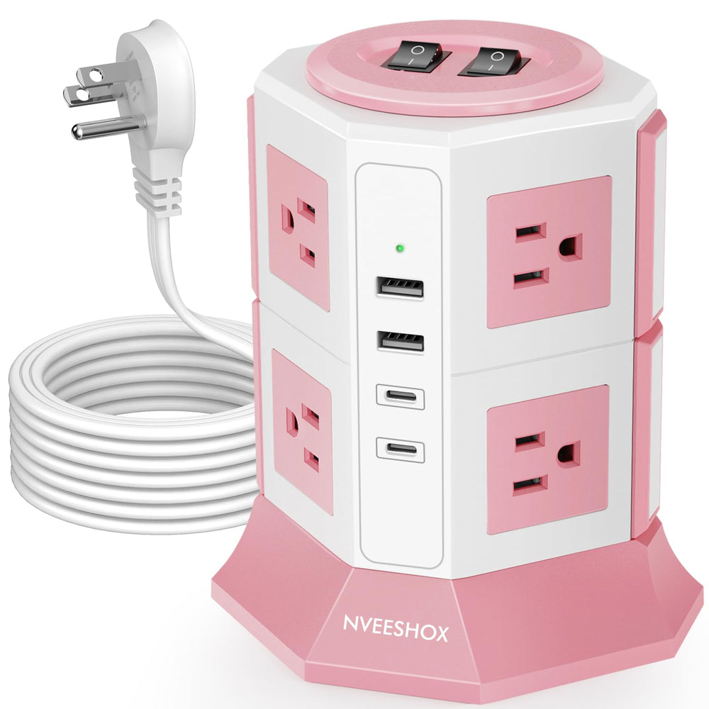 NVEESHOX front view showing tower outlets and compact footprint for organized charging