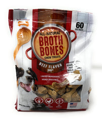 Nylabone paquete frontal mostrando 60 Broth Bones, incentivo natural
