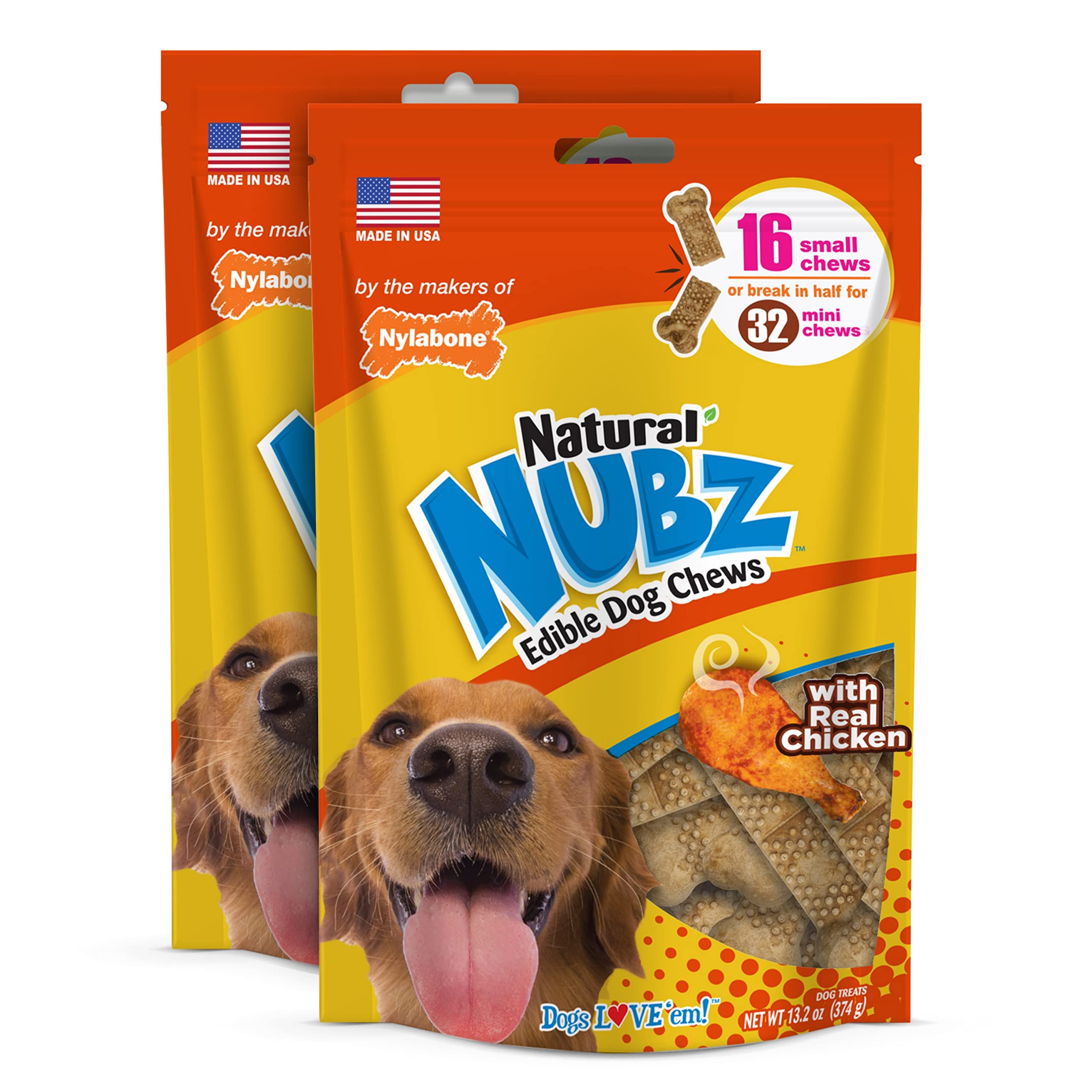 Nylabone Nubz frente del paquete mostrando 32 unidades y beneficio dental