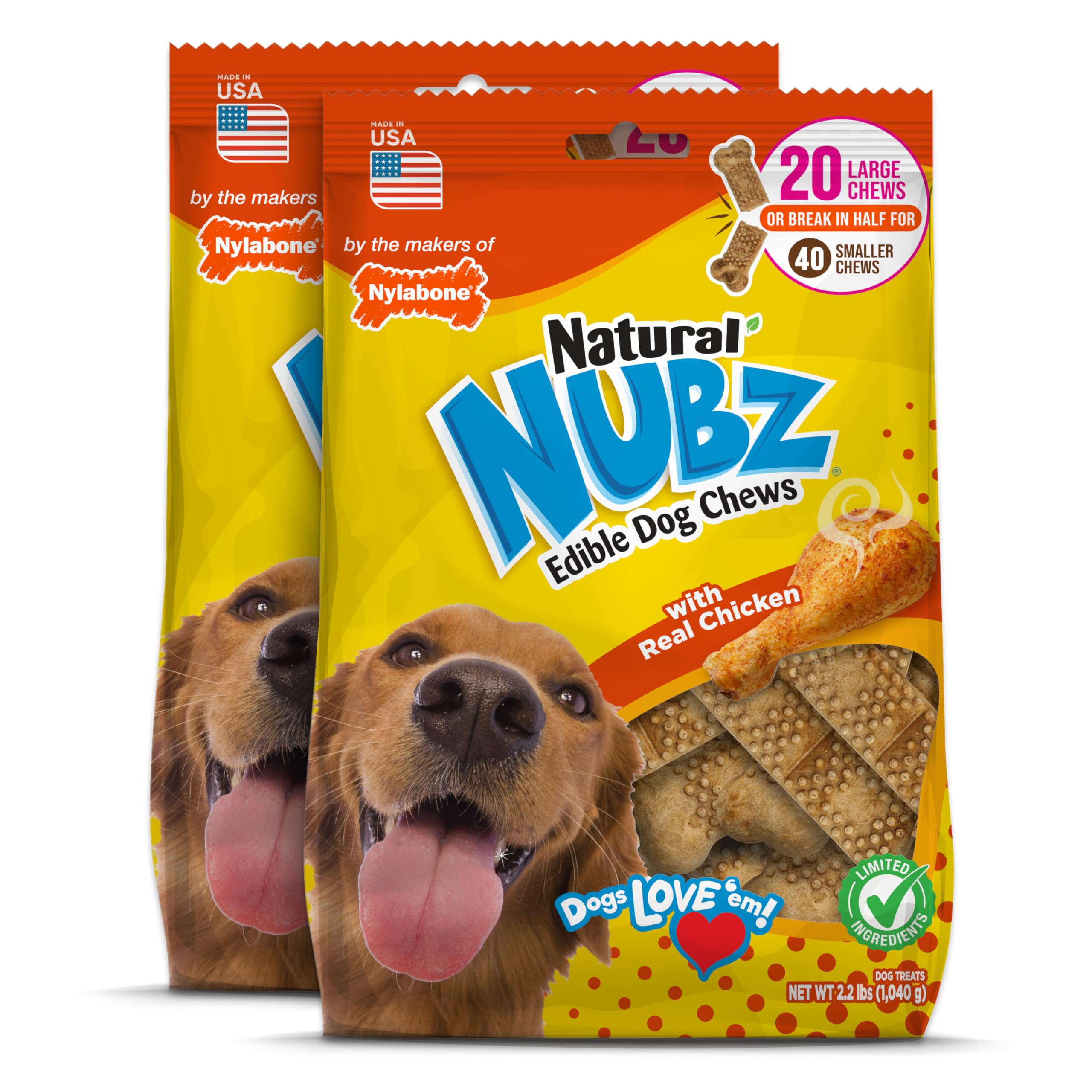 Nylabone front packaging showing 40-count chicken chews and benefits