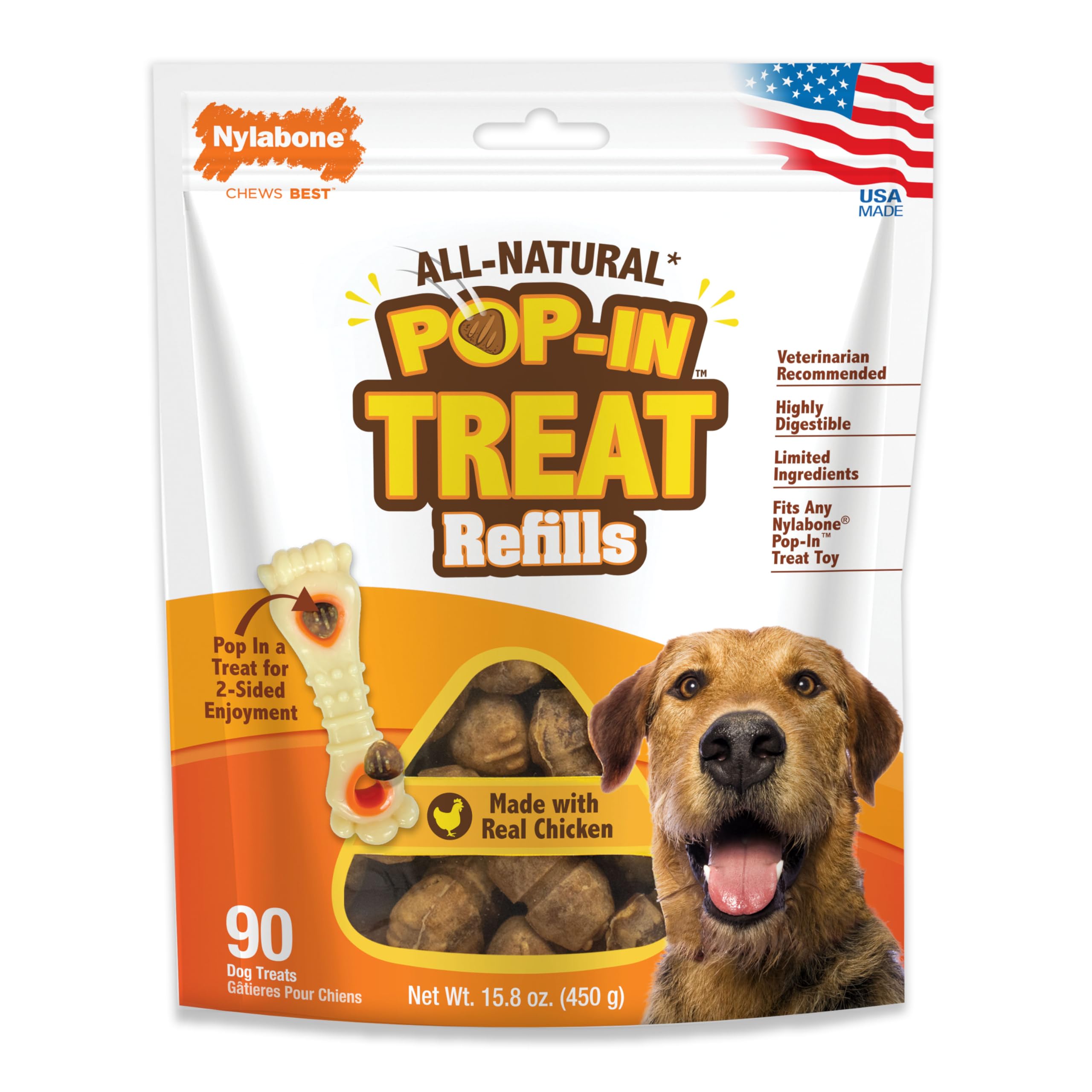 Nylabone paquete frontal con 90 recambios visible para rellenar juguetes, comodidad rápida