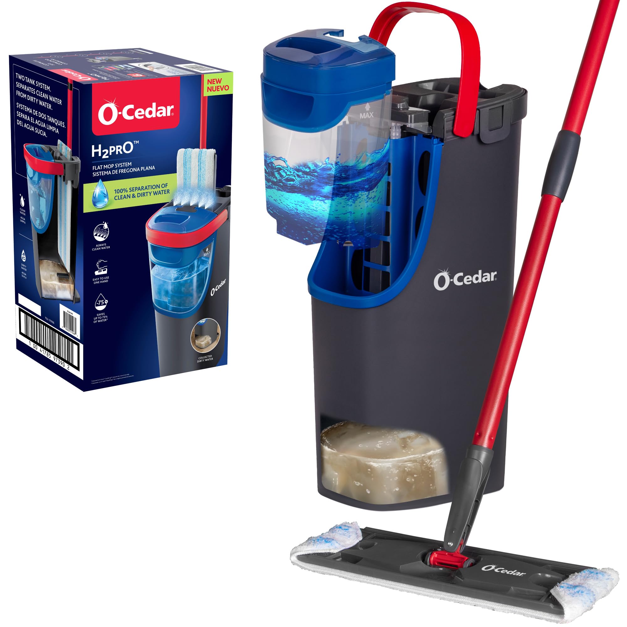 O-Cedar mopa frontal mostrando diseño compacto y beneficios de limpieza