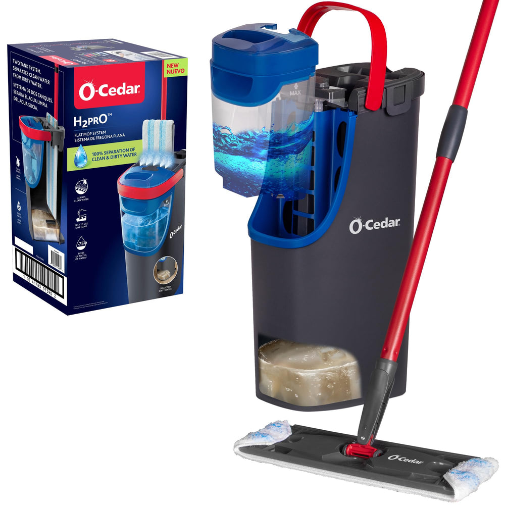 O-Cedar mopa frontal mostrando diseño compacto y beneficios de limpieza