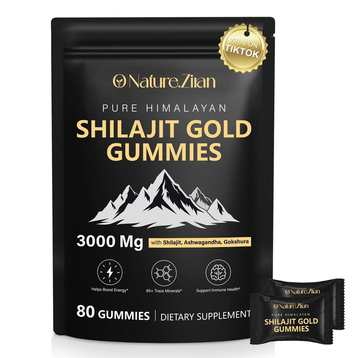 O NATURE . ZIRAN frasco frontal de gomitas Shilajit con etiquetado claro y beneficio de conveniencia