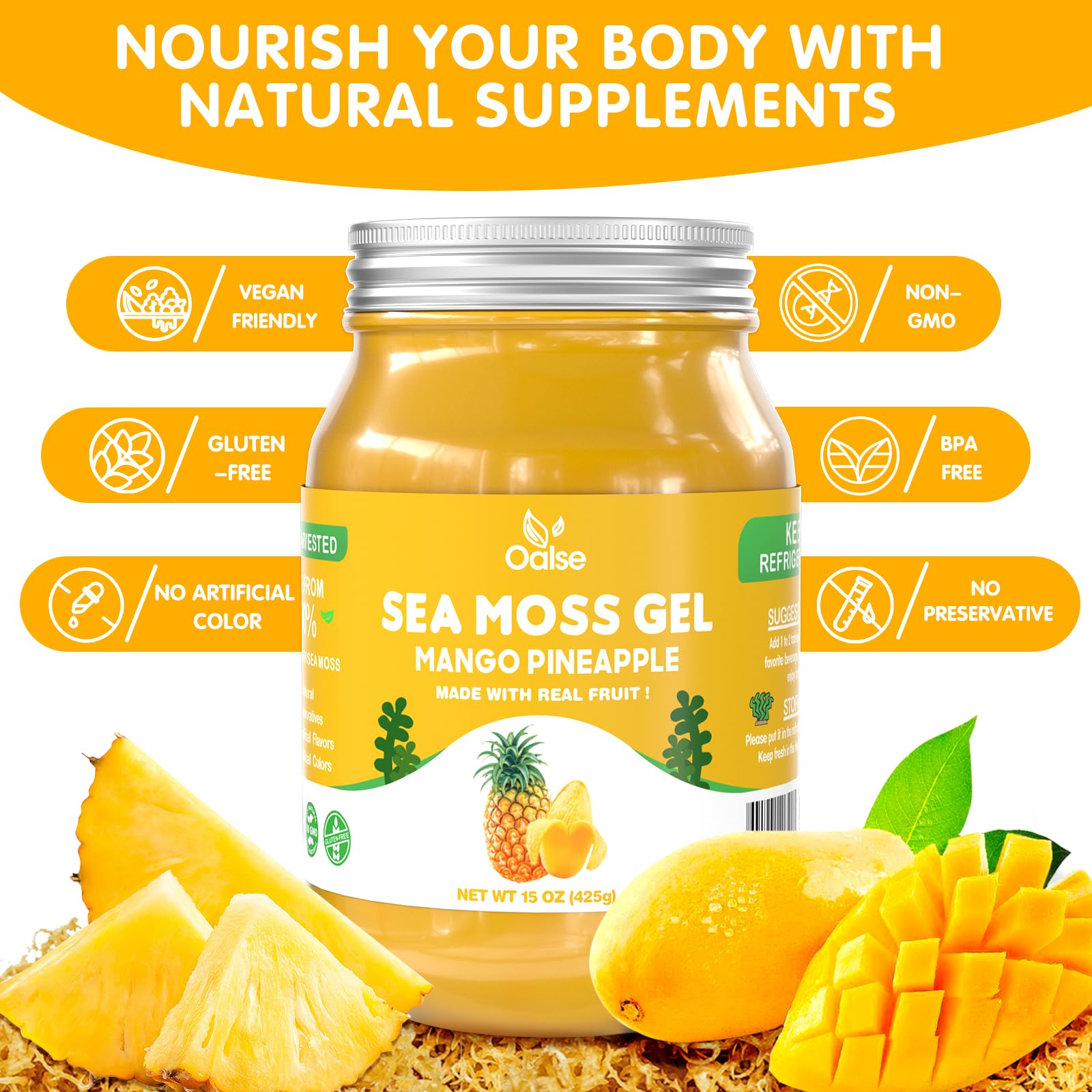 OALSE gel sea moss mezclándose en batidora con frutas, facilita preparar batidos nutritivos