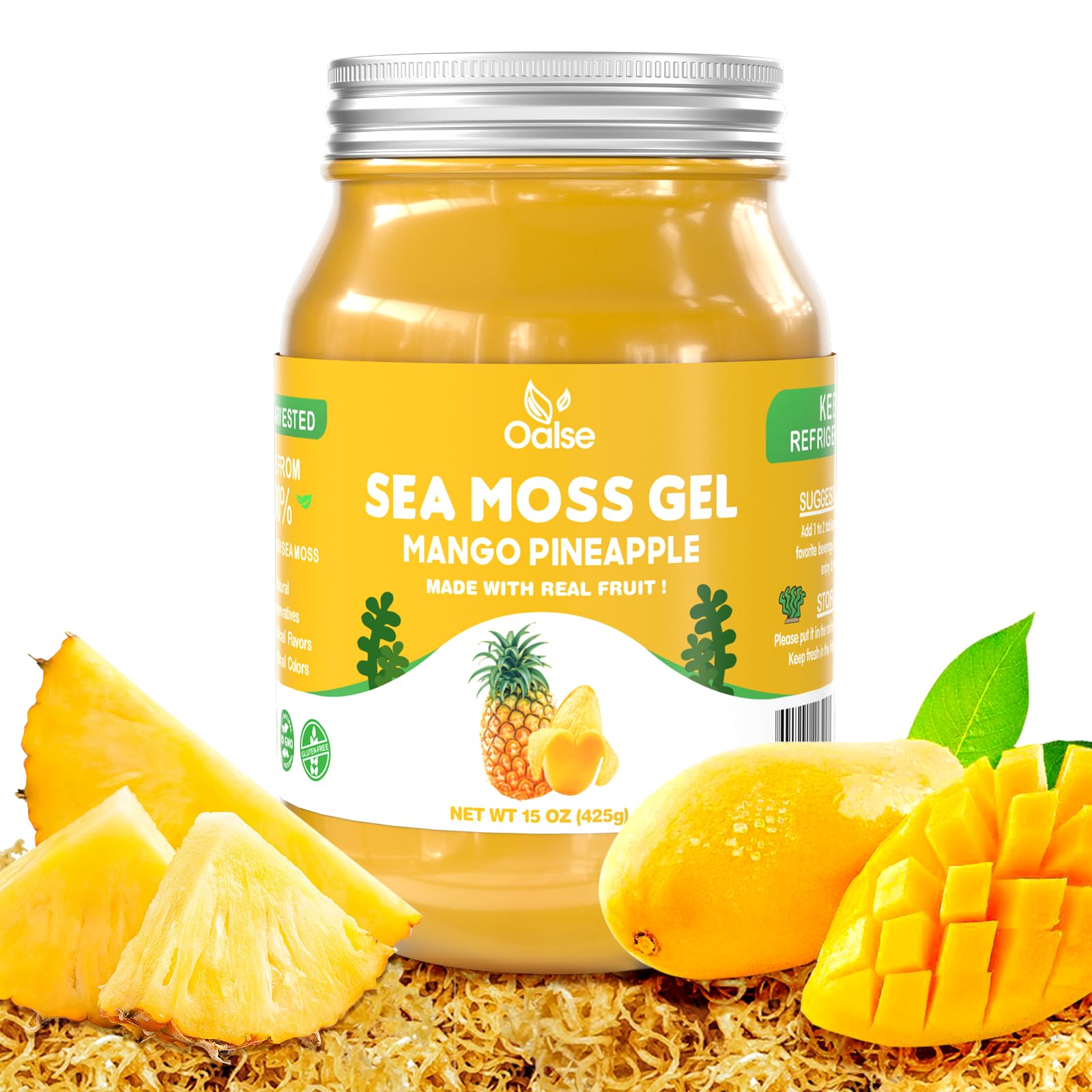 OALSE gel sea moss frente del frasco mostrando presentación y etiqueta, ideal para elegir producto