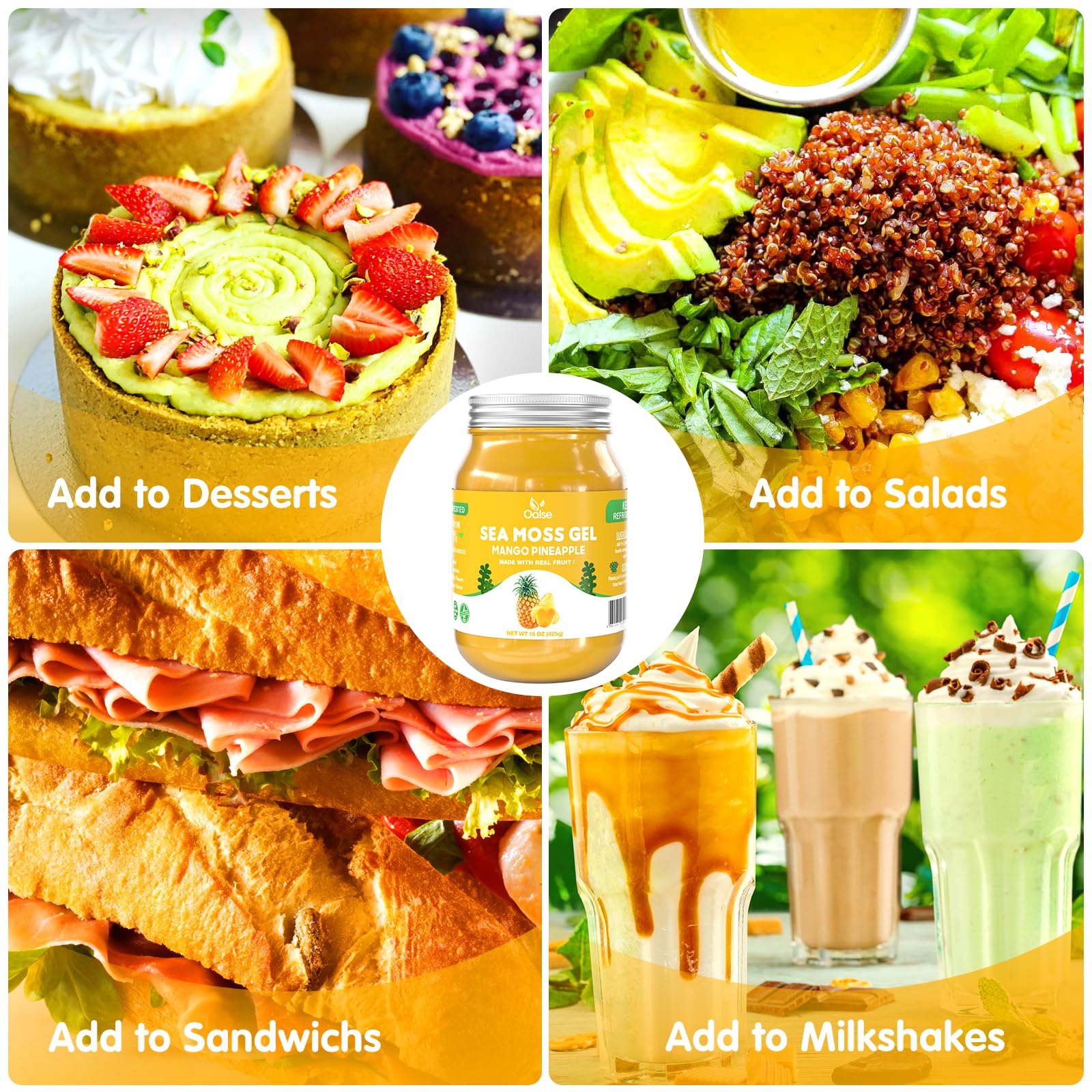 OALSE gel sea moss con trozos de mango y piña visibles, agrega sabor y frescura a recetas