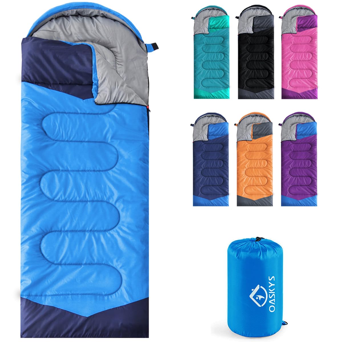 oaskys front view of sleeping bag showing roomy fit and zipper benefit