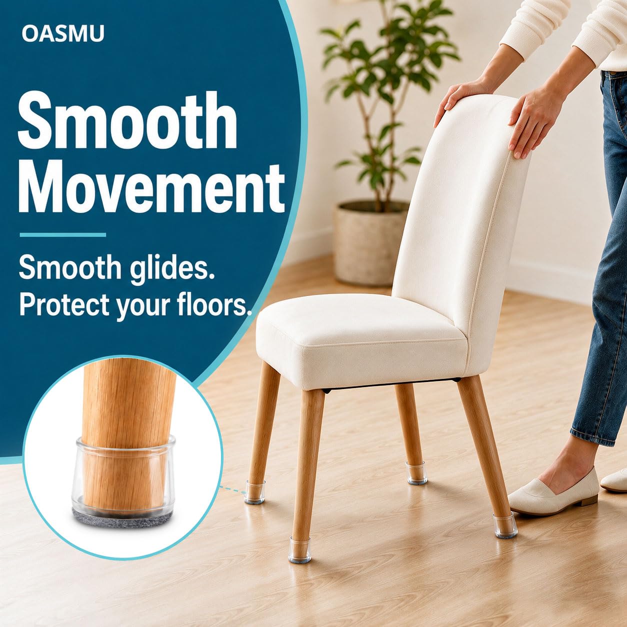 OASMU escena de comedor con protectores cuidando suelo de madera