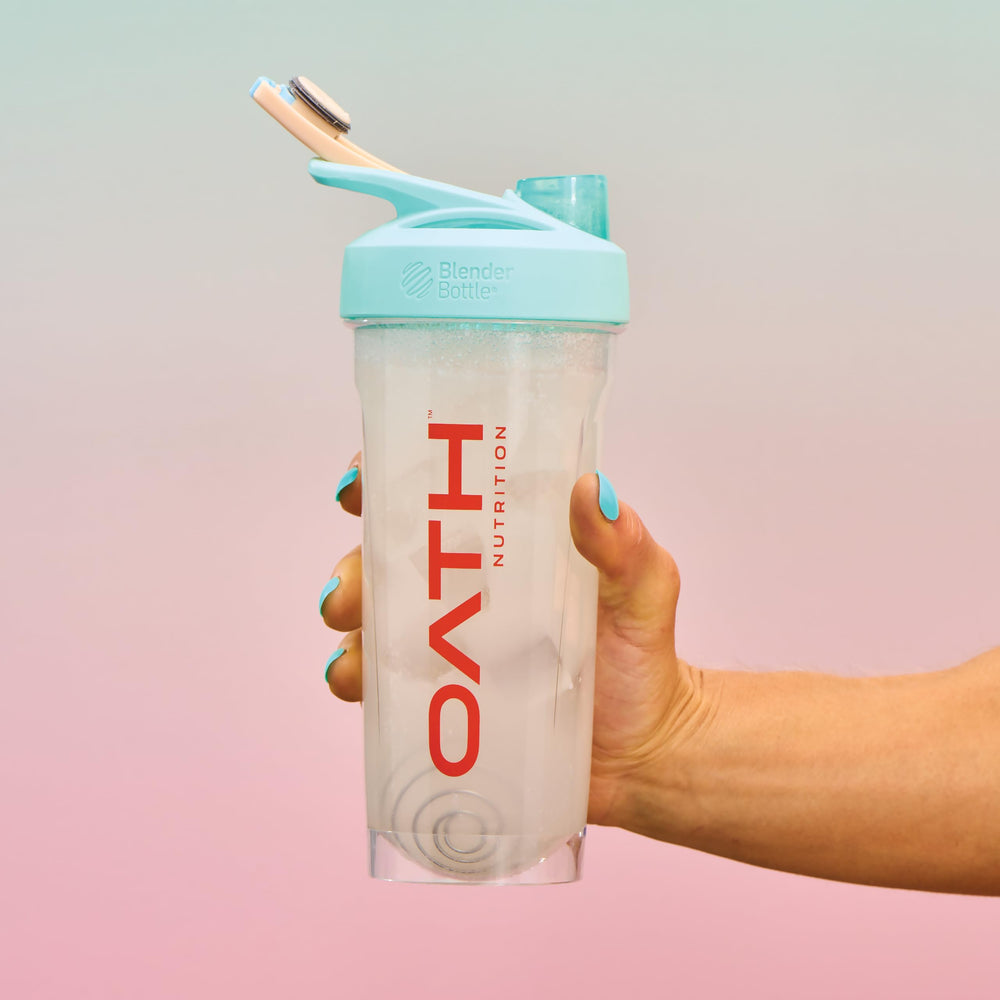 Oath Nutrition serving size comparison with bottle showing 20g protein and travel-friendly packs