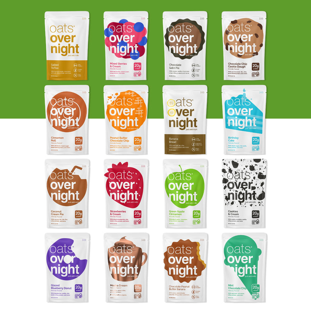 Oats Overnight comparativa de tamaño de sobre y botella para referencia