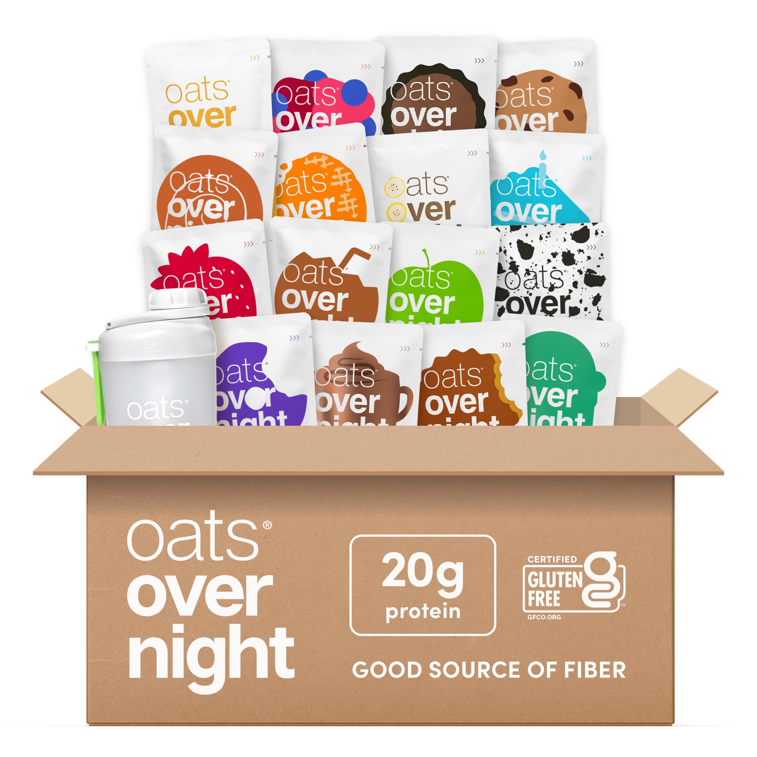 Oats Overnight paquete frontal mostrando 16 sabores para variedad y conveniencia