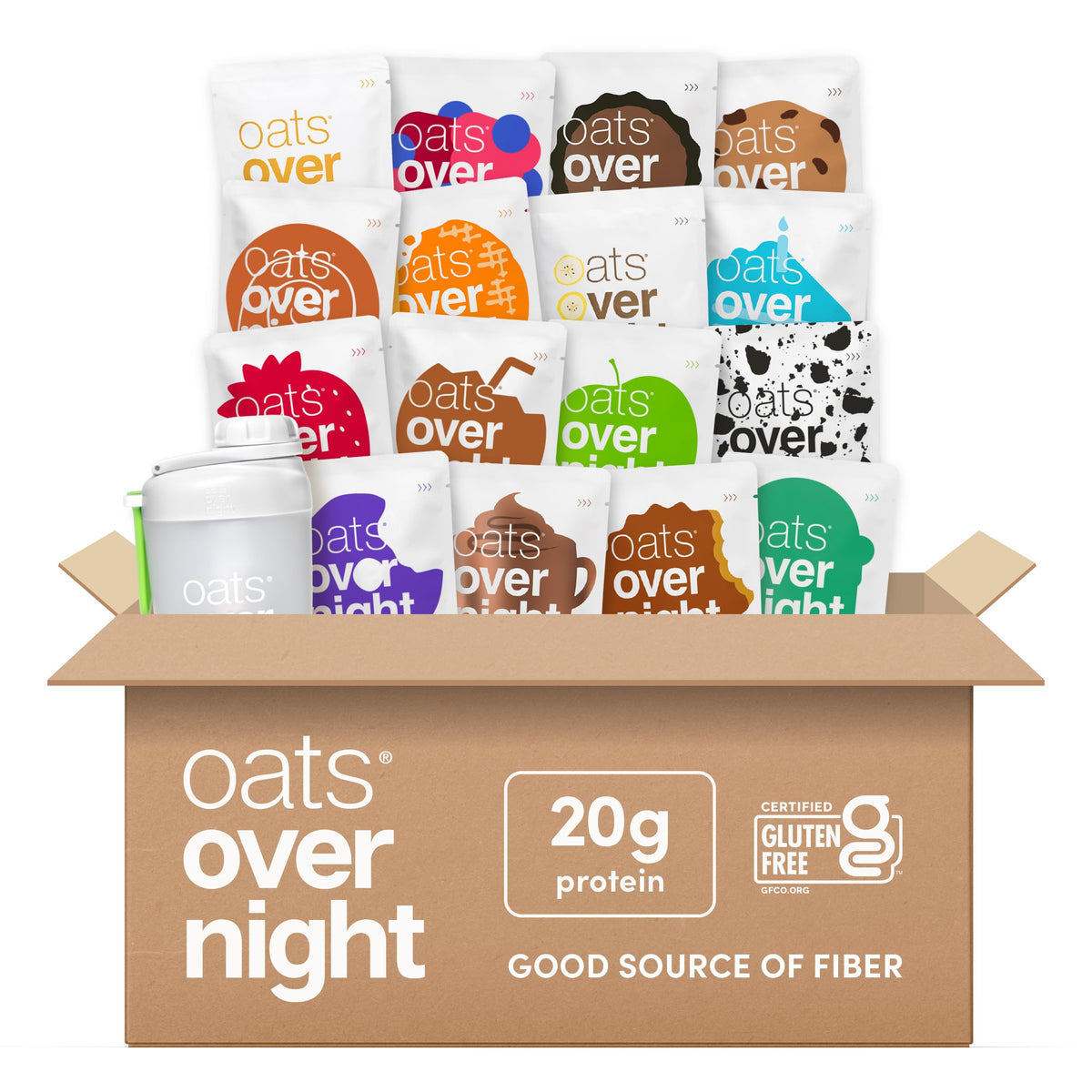 Oats Overnight paquete frontal mostrando 16 sabores para variedad y conveniencia