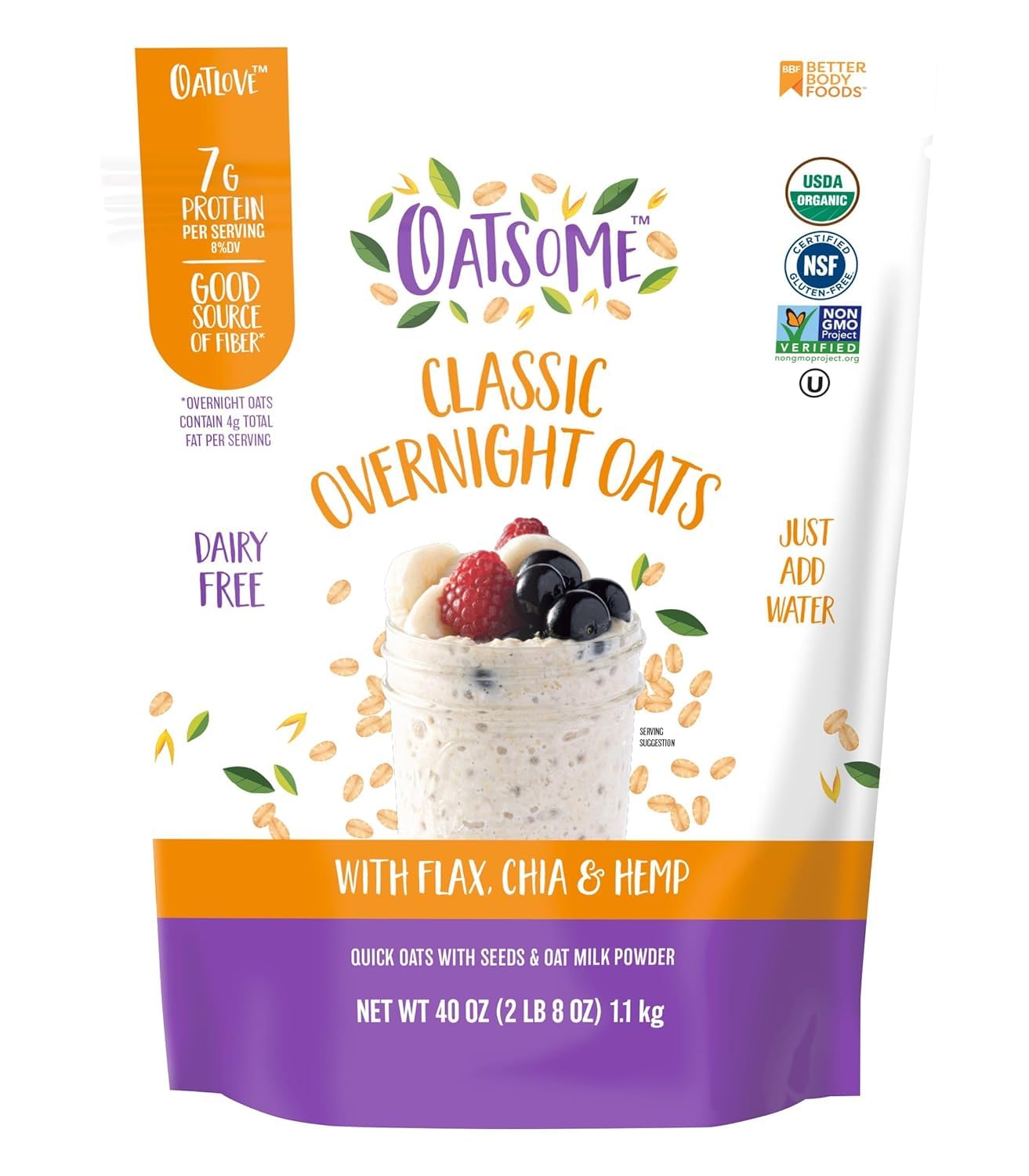 Oatsome empaque frontal mostrando bolsa y beneficios saludables