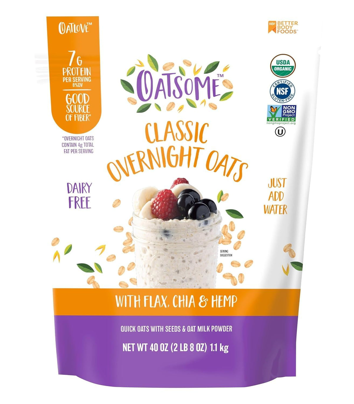 Oatsome empaque frontal mostrando bolsa y beneficios saludables