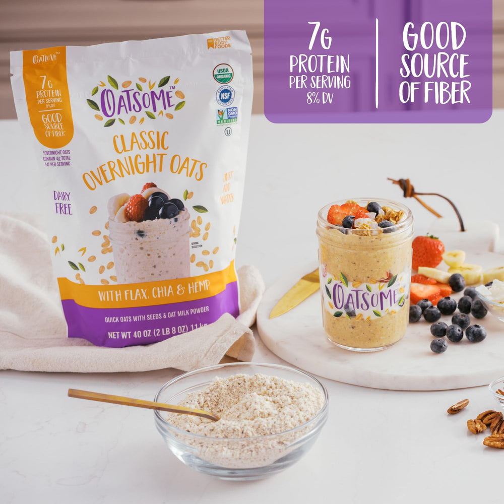 Oatsome primer plano de textura de avena con chía y linaza, nutritiva