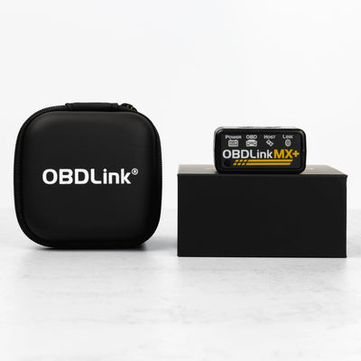 OBDLink MX+ angled connector close-up highlighting sturdy OBD-II fit and durability