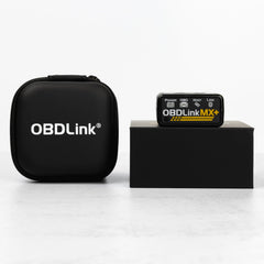 OBDLink MX+ angled connector close-up highlighting sturdy OBD-II fit and durability