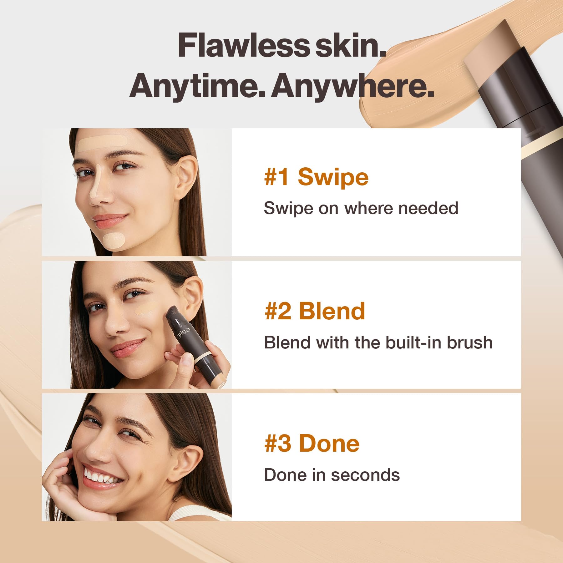 OBgE foundation stick in a handbag near mirror for quick touch-up benefit