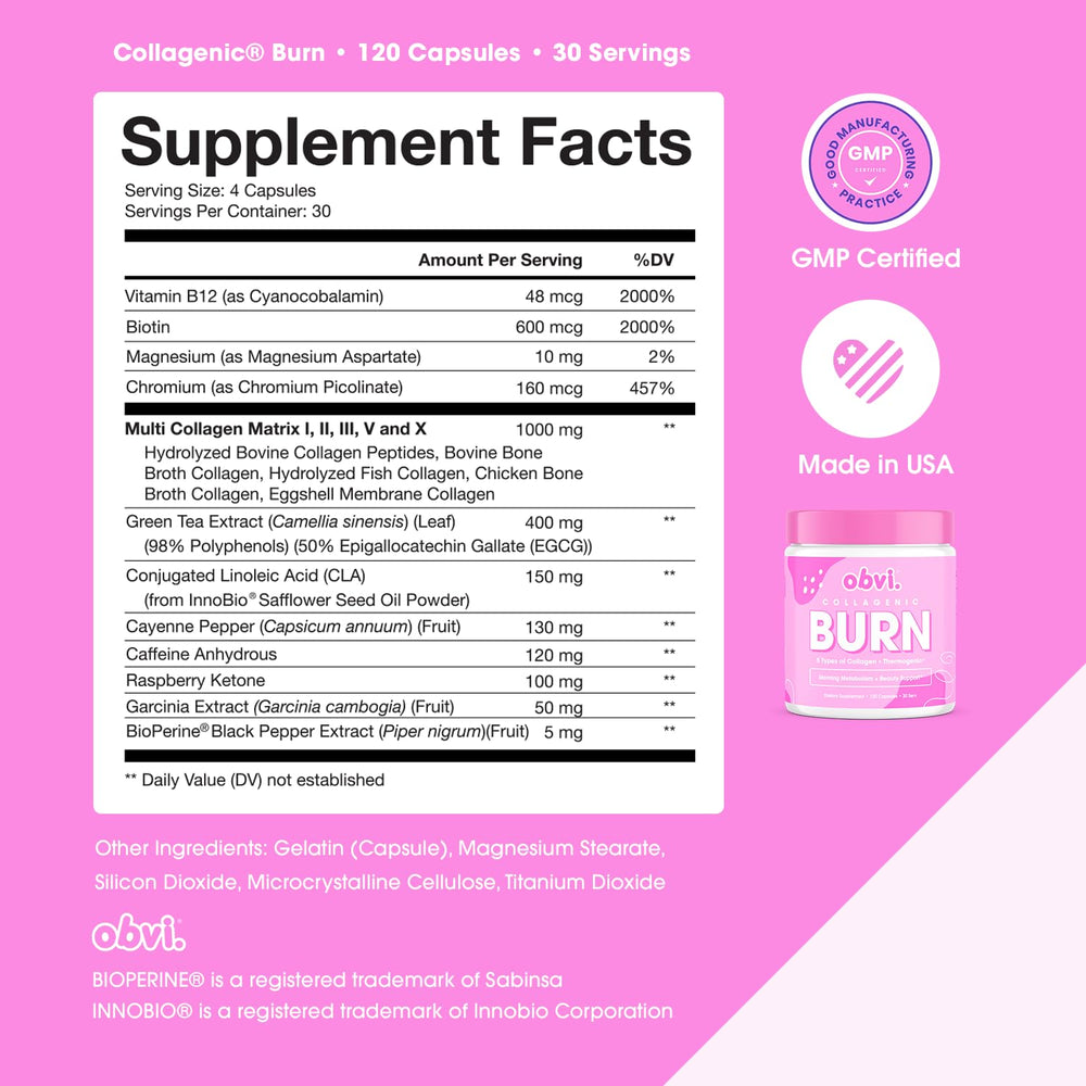 Obvi Collagenic Burn etiqueta nutricional enfocada en ingredientes clave