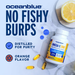Oceanblue cápsula abierta revelando aceite transparente refinado