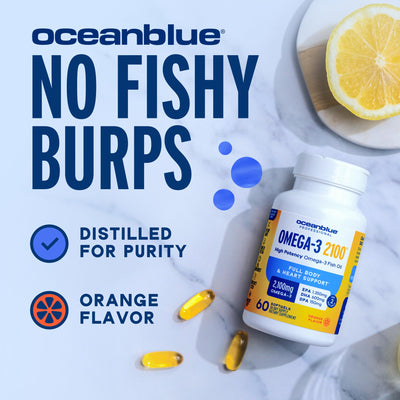 Frasco Oceanblue abierto con softgels visibles que transmite cantidad y presentación clara
