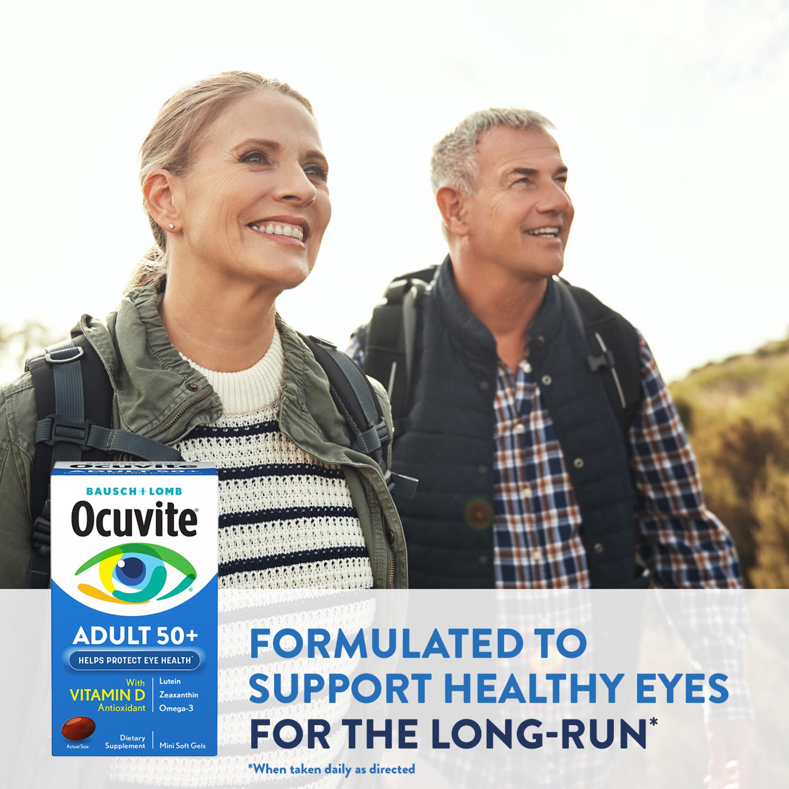 Caja abierta de Ocuvite 50+ con blíster y 90 softgels visibles