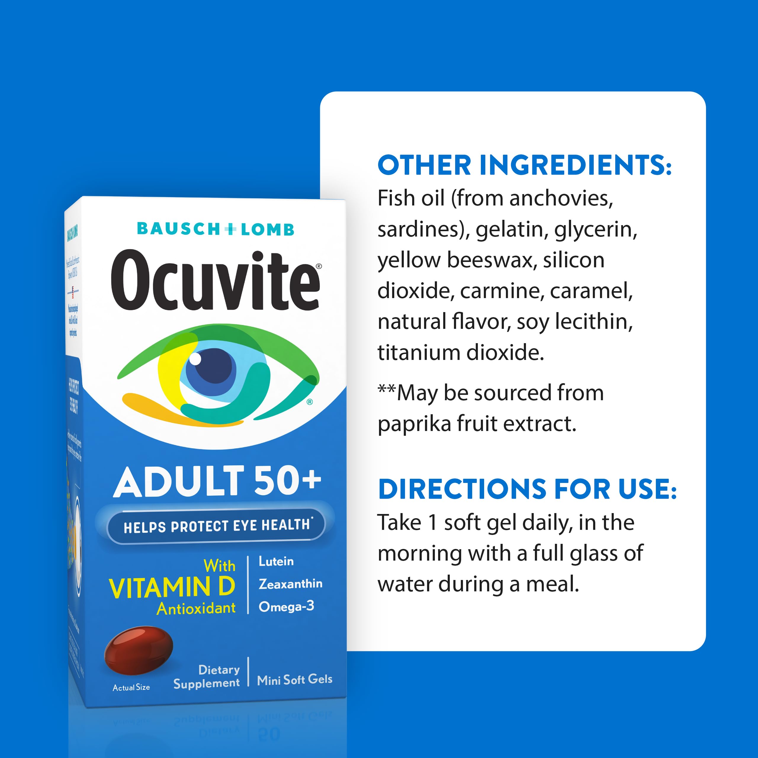Ocuvite 50+ al lado de un vaso de agua simbolizando la toma diaria