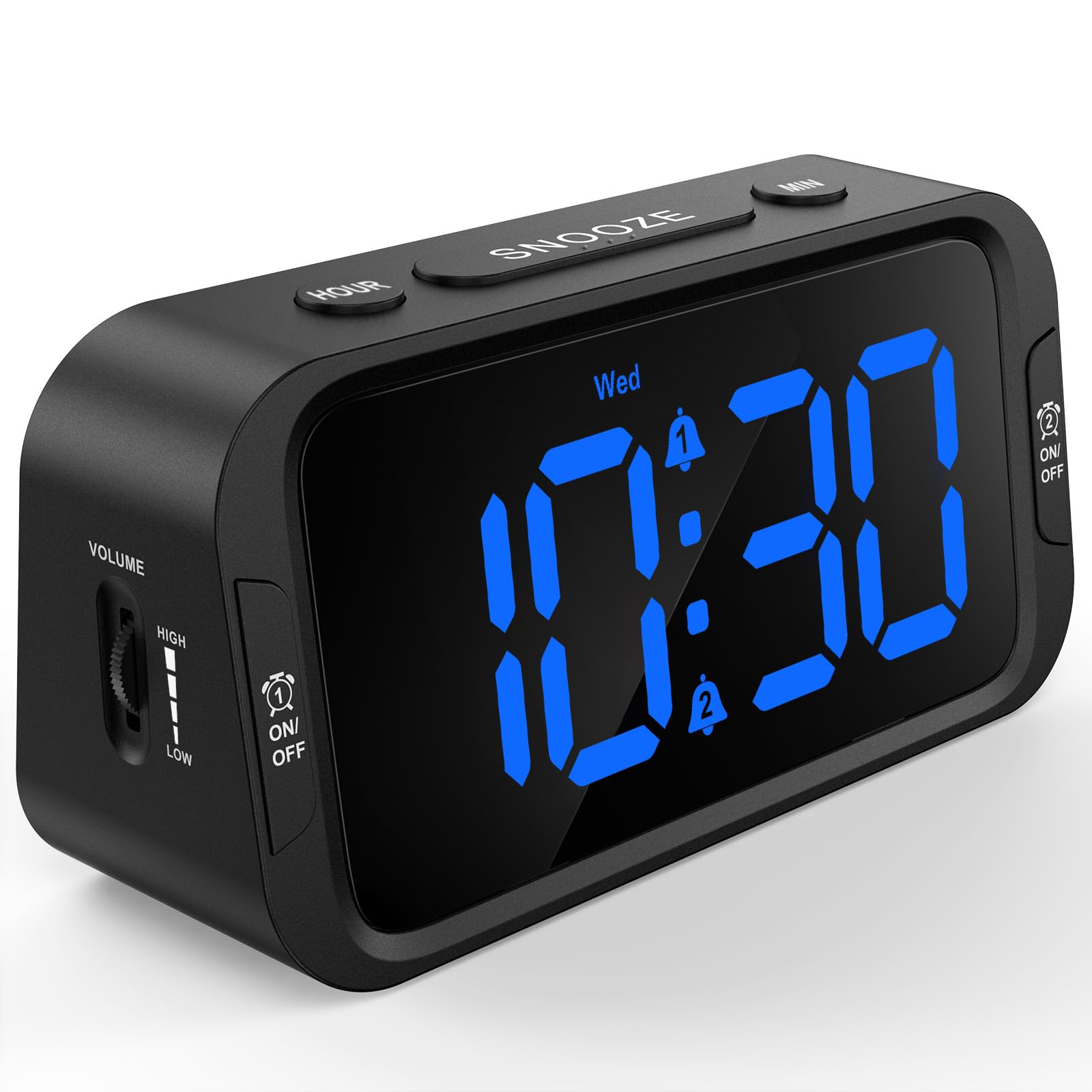 Odokee vista frontal del despertador con dígitos azules fáciles de leer y diseño claro