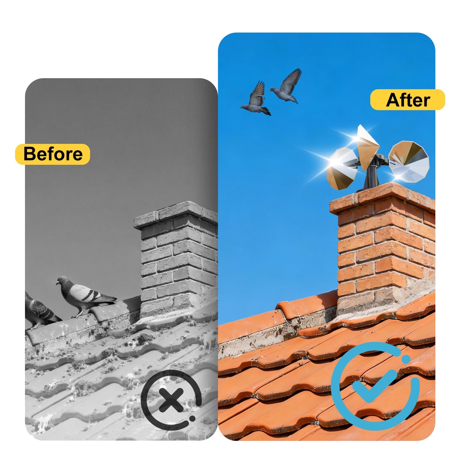 OFFO installed on roof demonstrating spinning blades keeping pigeons away and broad coverage