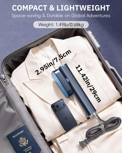 OGHom next to a smartphone illustrating compact travel size and portability