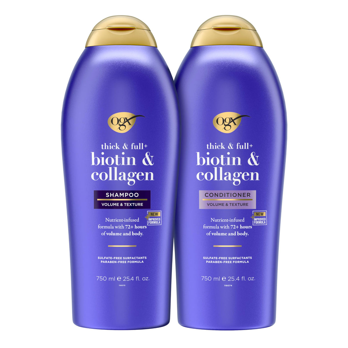 OGX bottles front packaging showing biotin and collagen set for fuller hair
