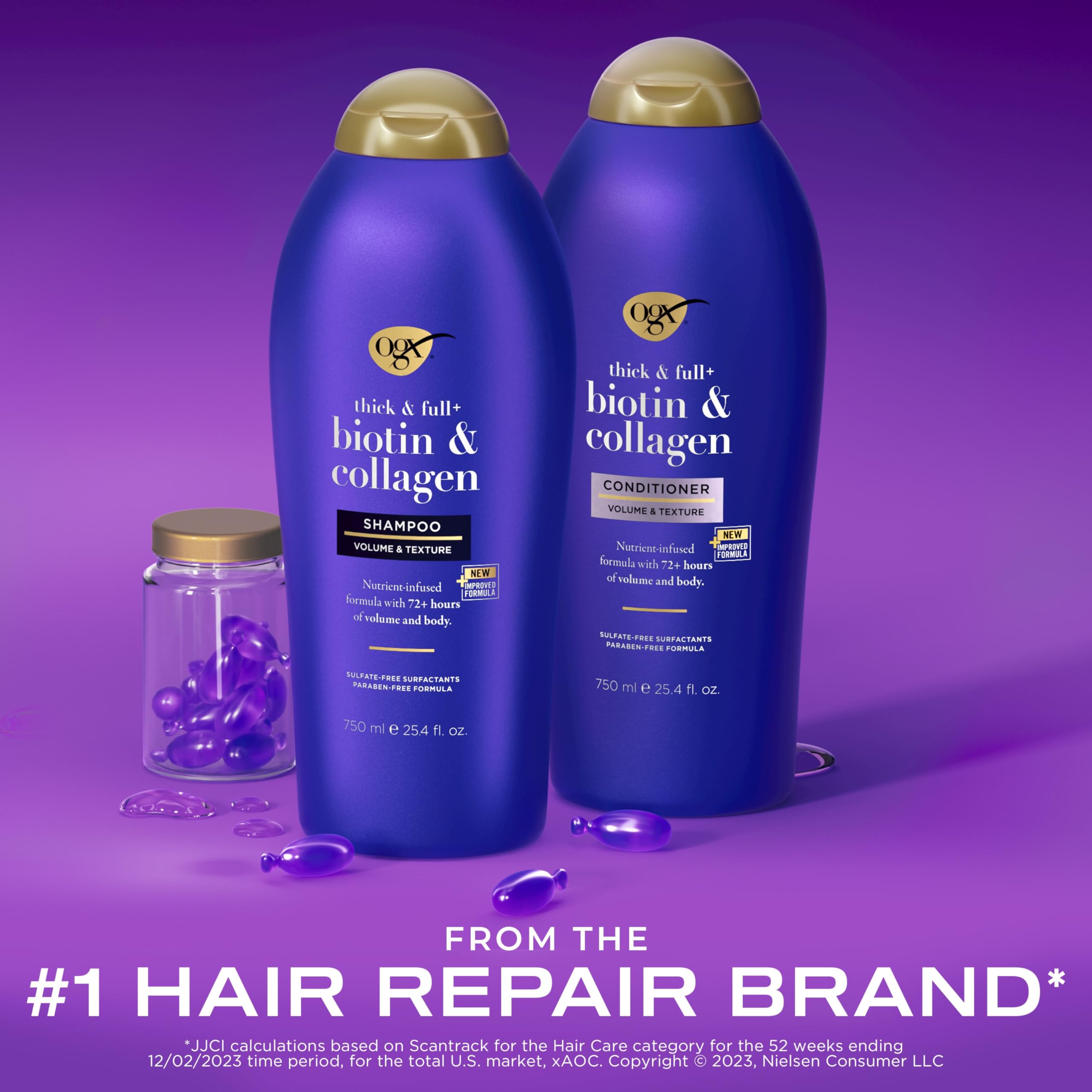 OGX label and pump close-up highlighting product name and benefits