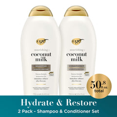 OGX close-up of bottle label highlighting coconut milk formula and features