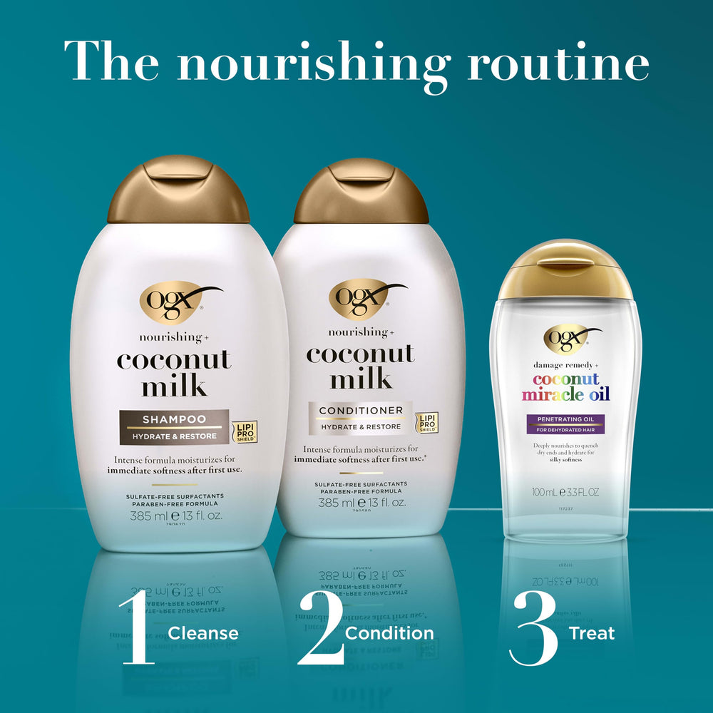 OGX ingredients display coconut and peach images showing natural extracts