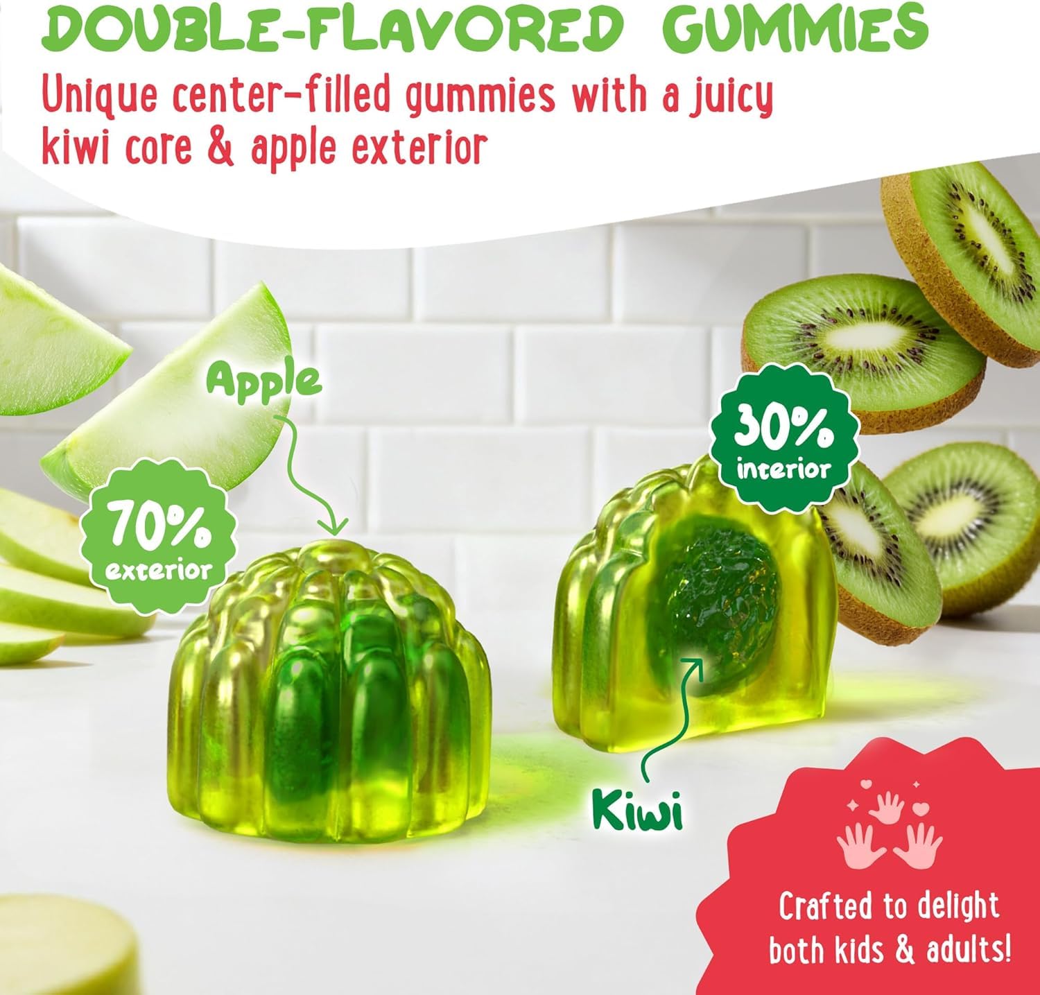 OH MY CHEWY detalle de una gomita doble sabor enfatizando atractivo y sabor