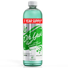 Oh Yuk frente del producto mostrando botella y etiqueta, limpieza confiable