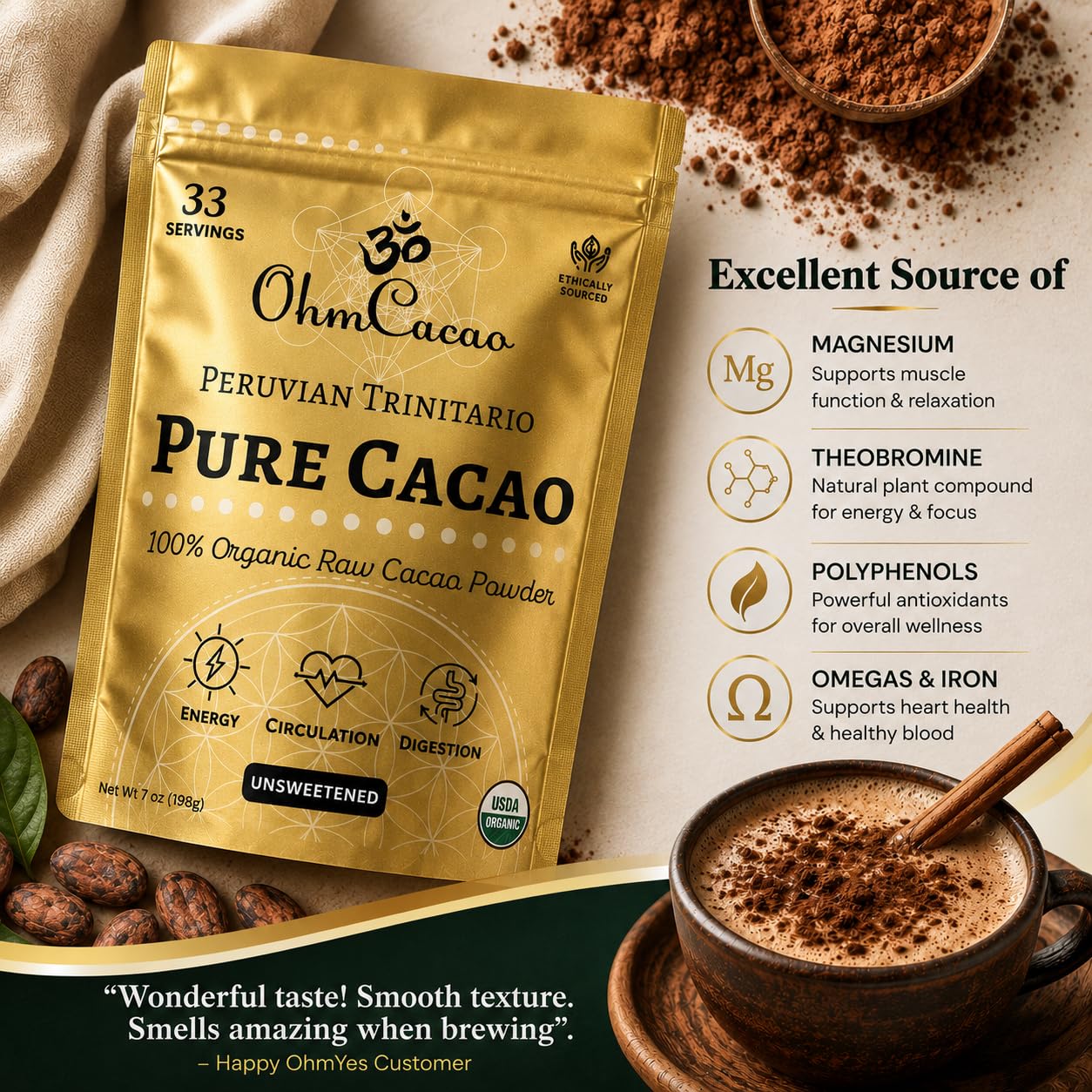 OHM Cacao brownie preparado que destaca sabor intenso y sin azúcar