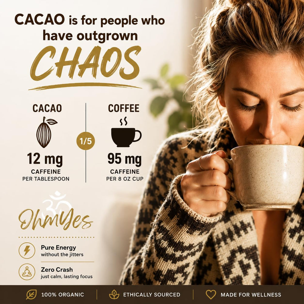 OHM Cacao bolsa junto a una regla para comparar tamaño y contenido