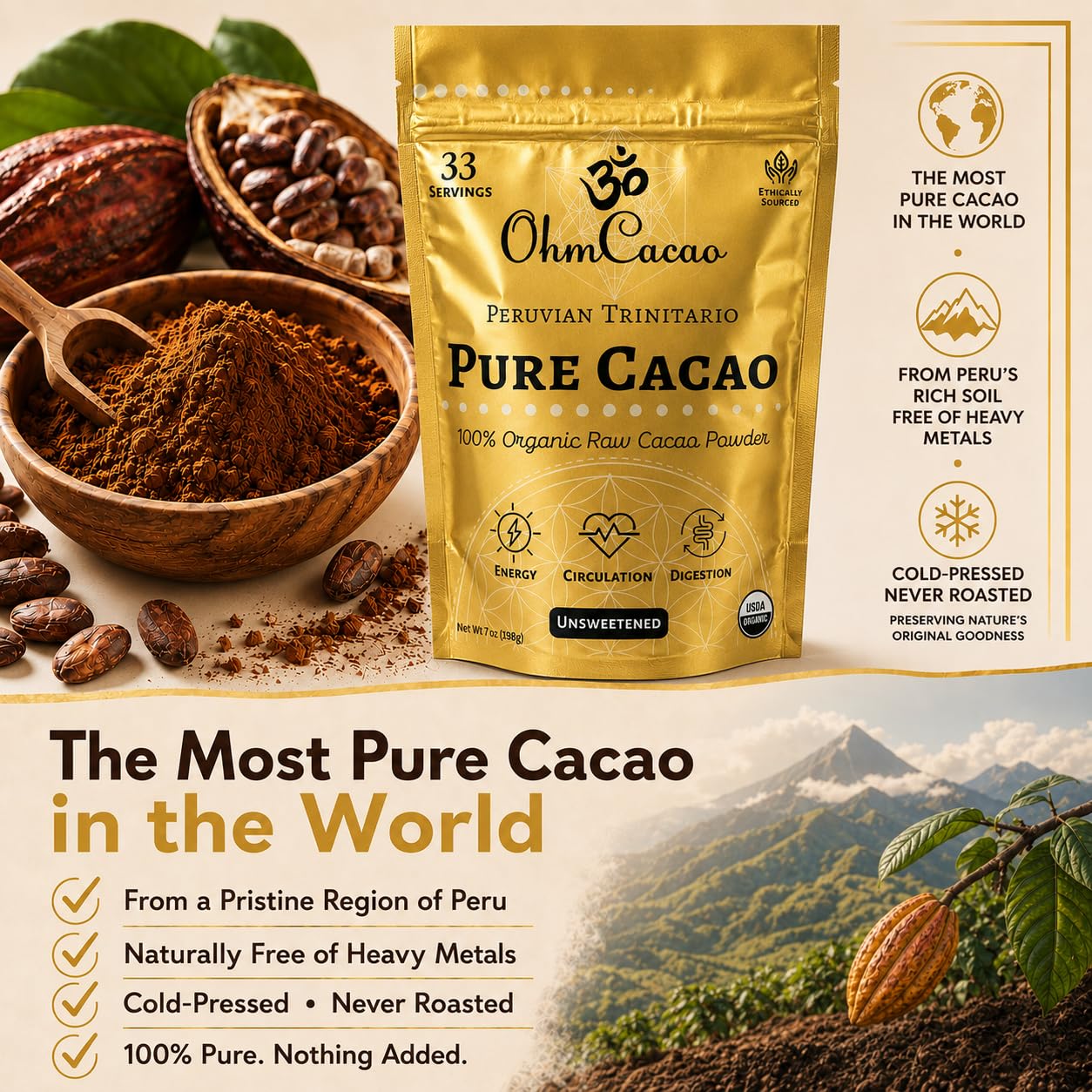 OHM Cacao detalle de etiqueta con información de pruebas y origen
