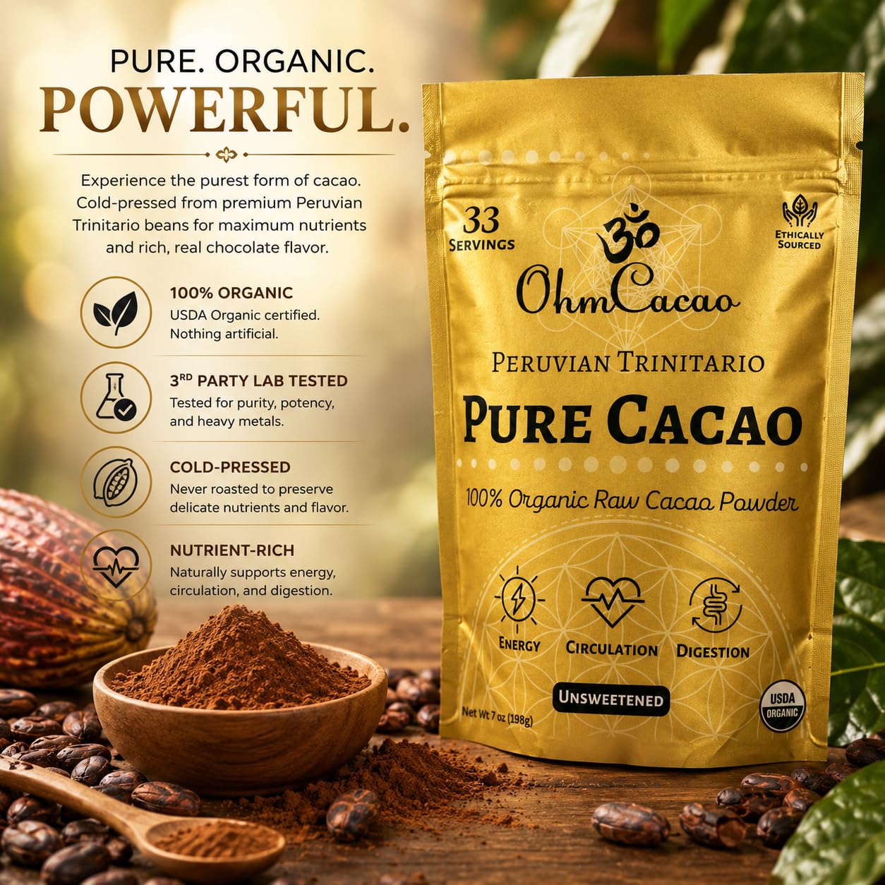 OHM Cacao agricultores en finca peruana mostrando origen sostenible