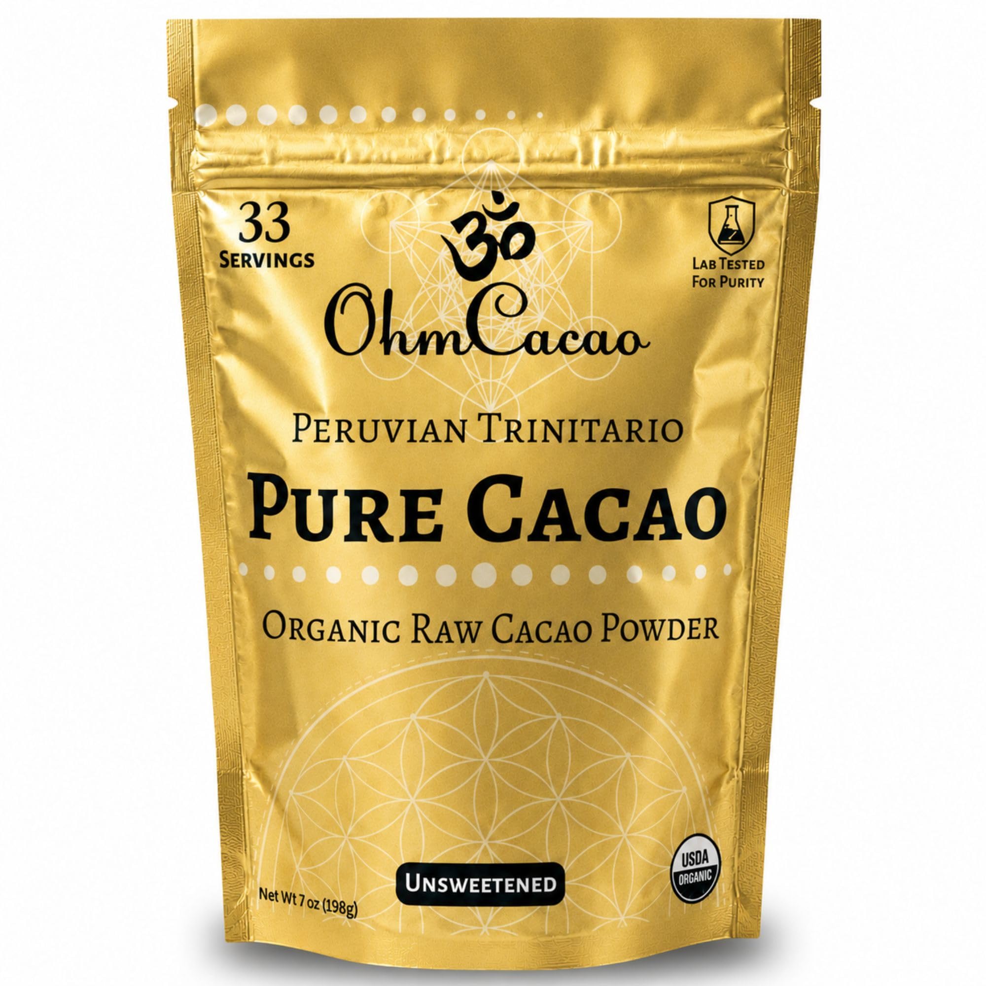 OHM Cacao frente del empaque mostrando sello orgánico y beneficios
