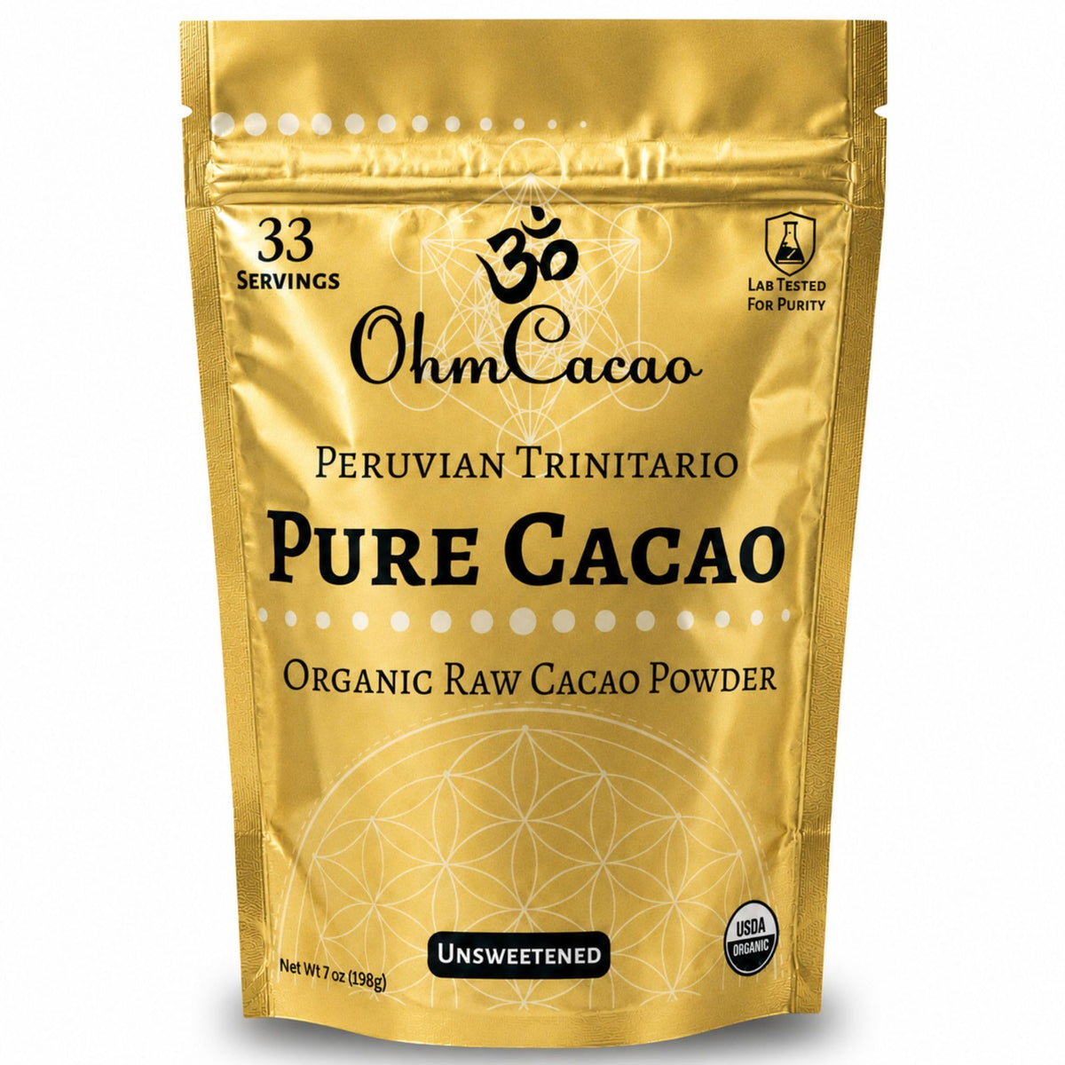 OHM Cacao frente del empaque mostrando sello orgánico y beneficios
