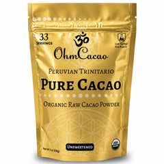 OHM Cacao frente del empaque mostrando sello orgánico y beneficios