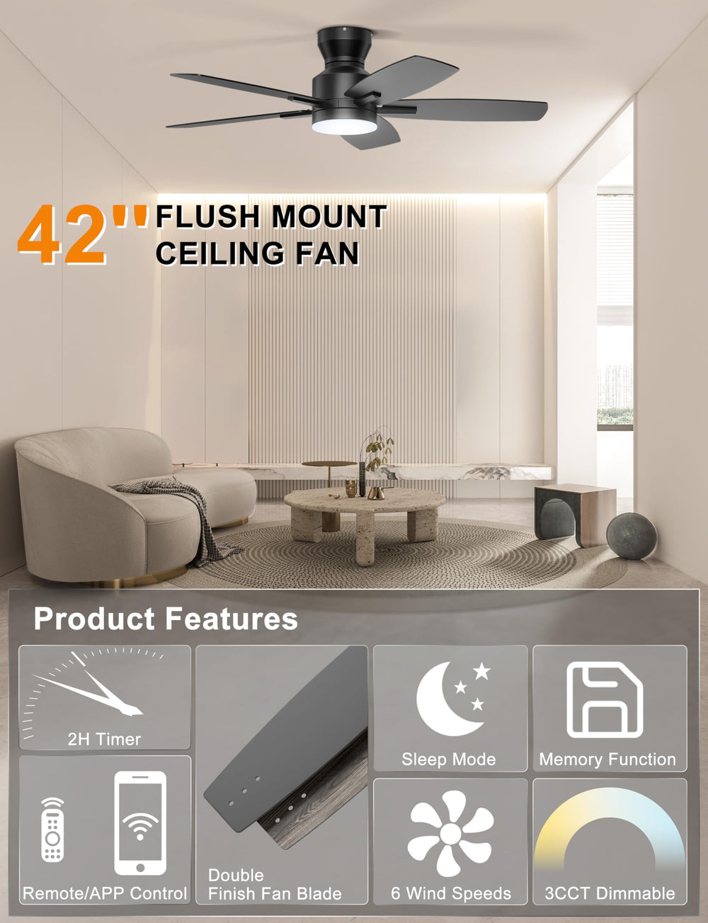 Ohniyou fan mounted in a living room demonstrating quiet cooling and modern style benefit